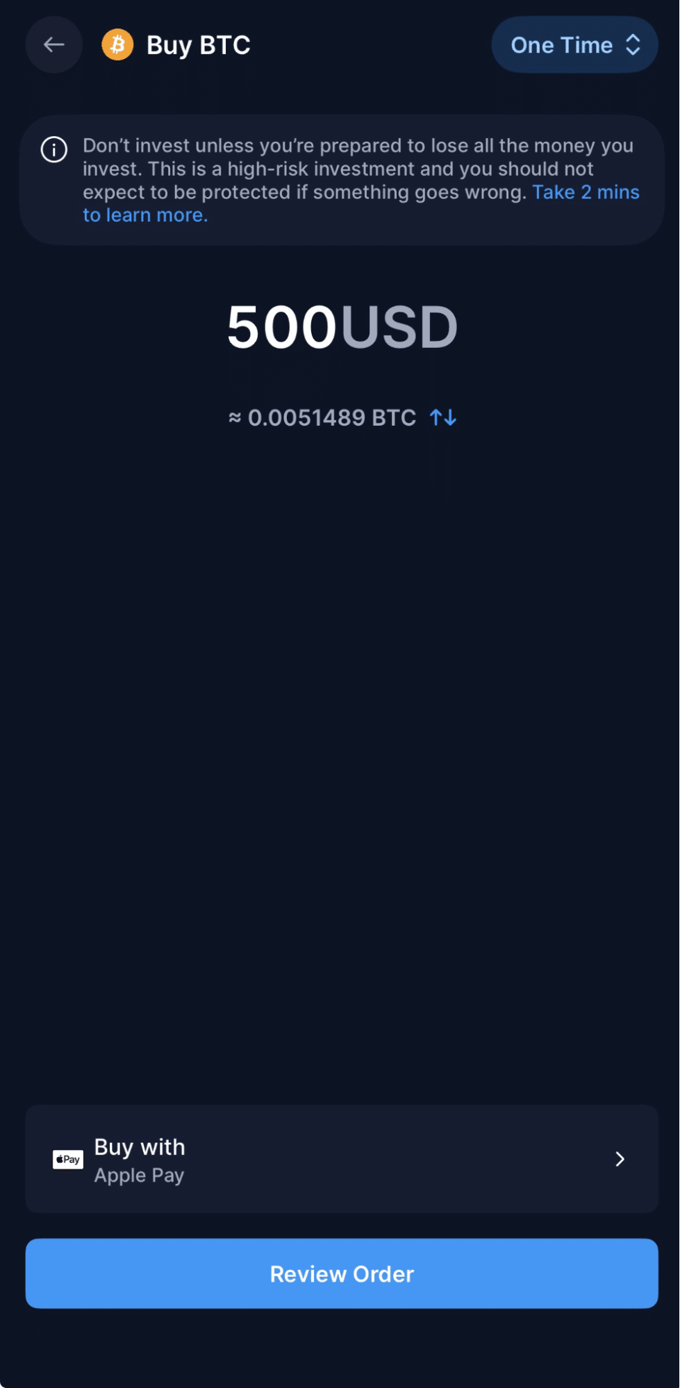 크립토닷컴 앱 비트코인 구매 화면. 직관적인 인터페이스로 쉽게 매수할 수 있다. 출처: 크립토닷컴