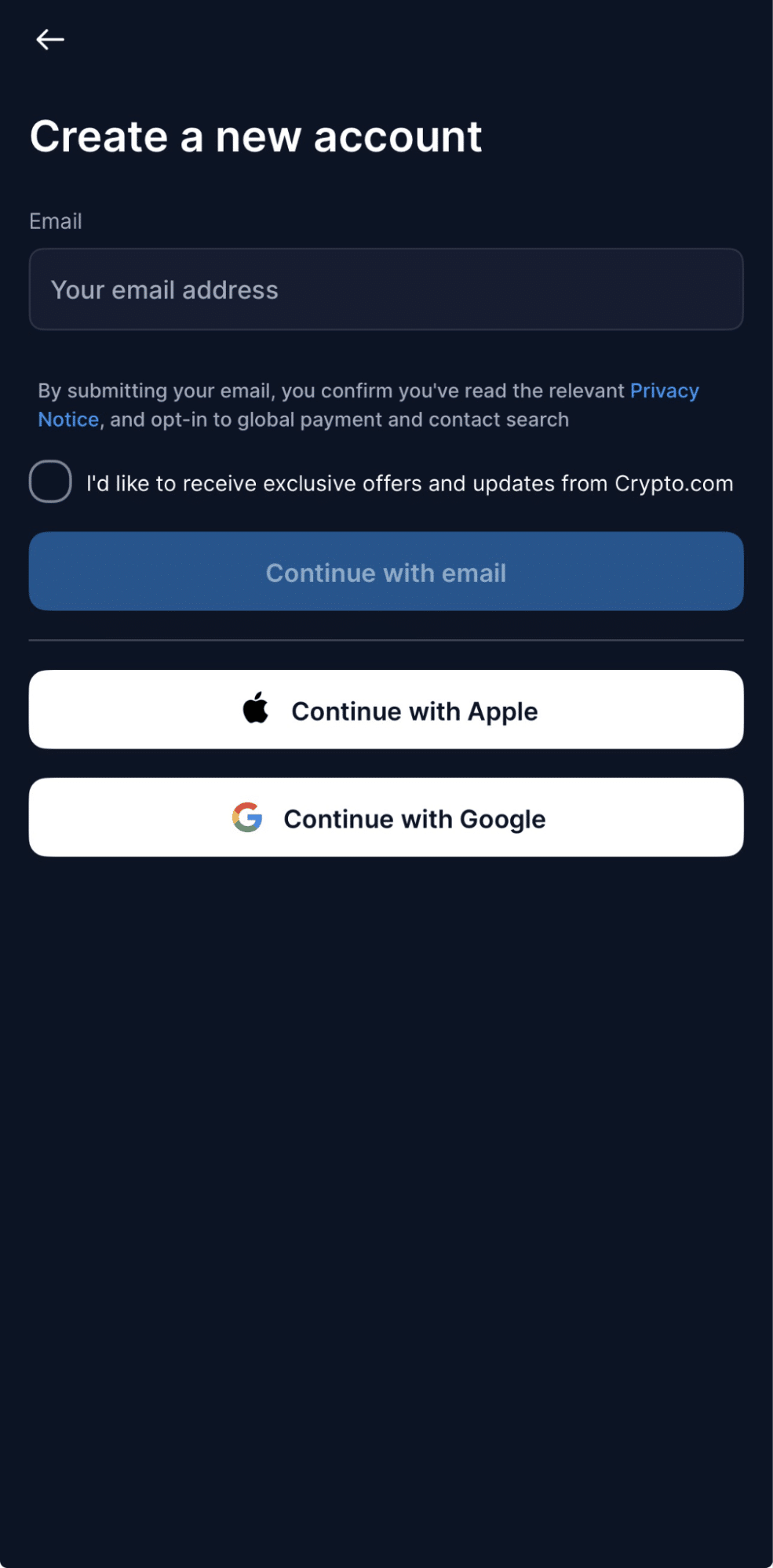 크립토닷컴 앱에서 새 계정 만들기. 이메일 입력 등 간단한 절차로 시작할 수 있다. 출처: 크립토닷컴