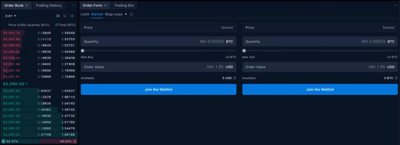 크립토닷컴 거래소 주문 화면. 트레이딩뷰 차트와 주문창이 결합된 직관적인 구성을 보여준다. 출처: 크립토닷컴