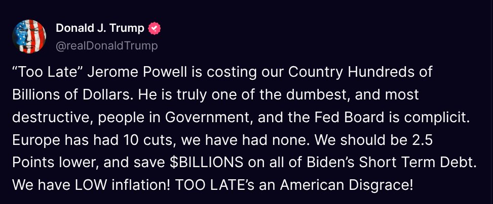 De post van Donald Trump op Truth Social over Jerome Powell