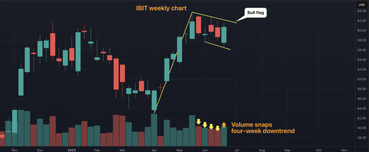 Wekelijkse IBIT-chart met bull flag en volumeherstel na vier weken daling
