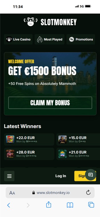 SlotMonkey - Gokken zonder Cruks met tot €1500 bonus screenshot