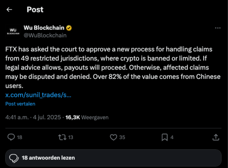 Tweet over FTX die een nieuw claimproces aanvraagt voor 49 landen met cryptobeperkingen, waarbij 82% van de waarde uit China komt.