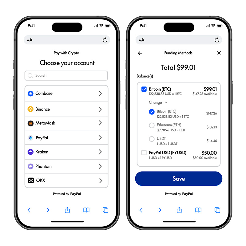 Een overzicht van de nieuwe "Pay with Crypto" functie in de PayPal app.
