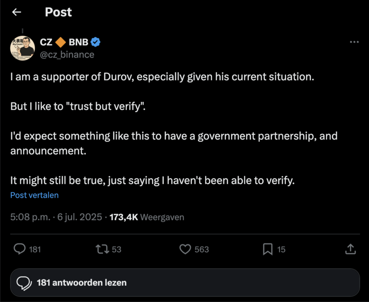 Tweet van CZ waarin hij zegt dat hij het TON visa-nieuws niet heeft kunnen verifiëren en sceptisch blijft.