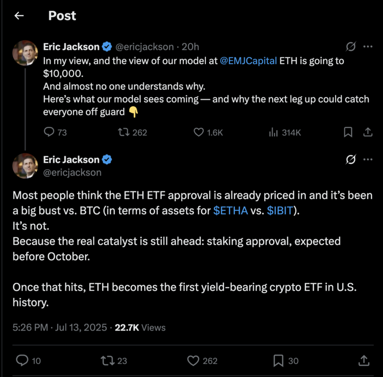 Twee tweets van Eric Jackson waarin hij voorspelt dat Ethereum richting $10.000 gaat door staking ETF-voordeel.