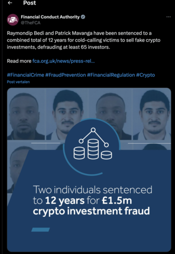 Twee Britse mannen veroordeeld tot 12 jaar gevangenisstraf voor het oplichten van investeerders met valse crypto-investeringen via cold calling.