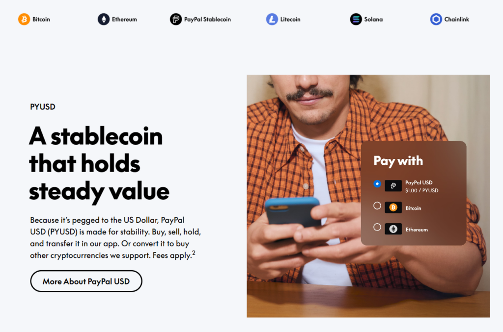 PayPal pay with crypto functie, inclusief de PYUSD stablecoin