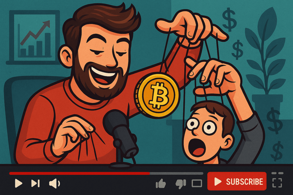 Een visuele representatie van een influencer/YouTuber die kijkers manipuleert om te investeren in een crypto coin.