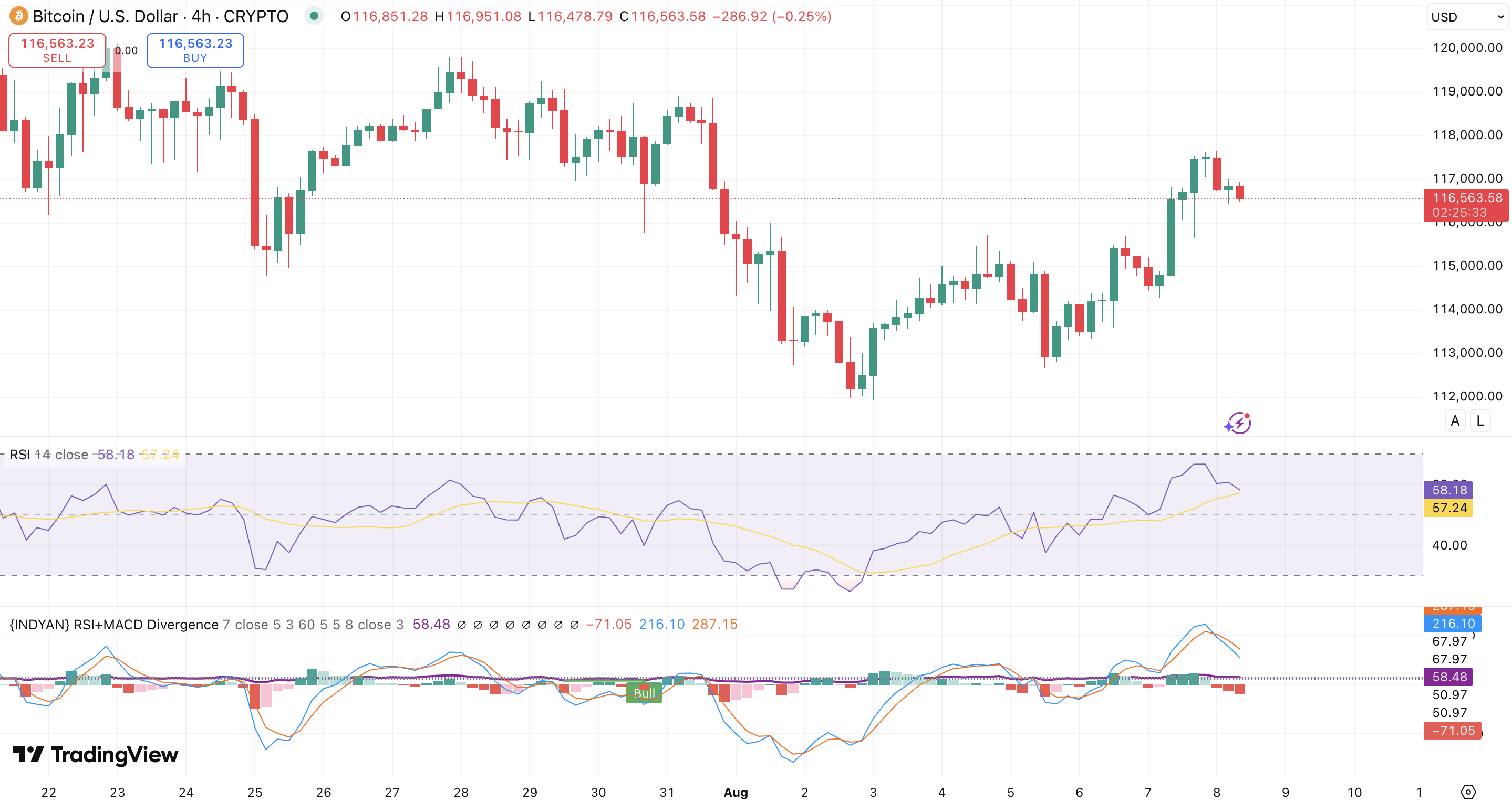 RSI + MACD - Bitcoin koers - bron: TradingView