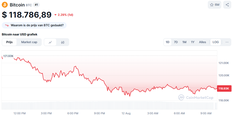 De Bitcoin koers van de afgelopen 24 uur. Bron: CoinMarketCap