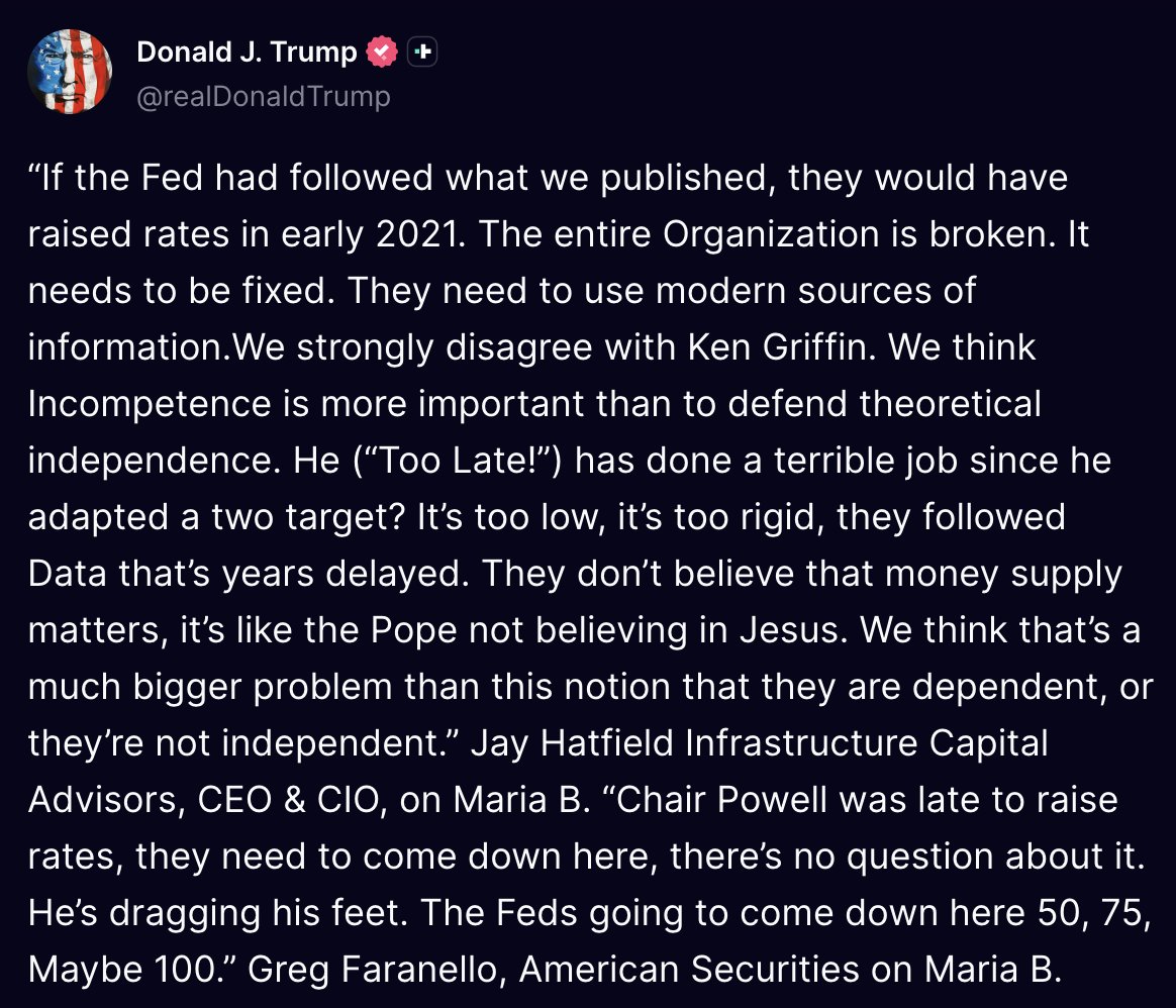 Donald Trump bekritiseert de houding van de Federal Reserve, en noemt de hele organisatie defect. Bron: Truth Social