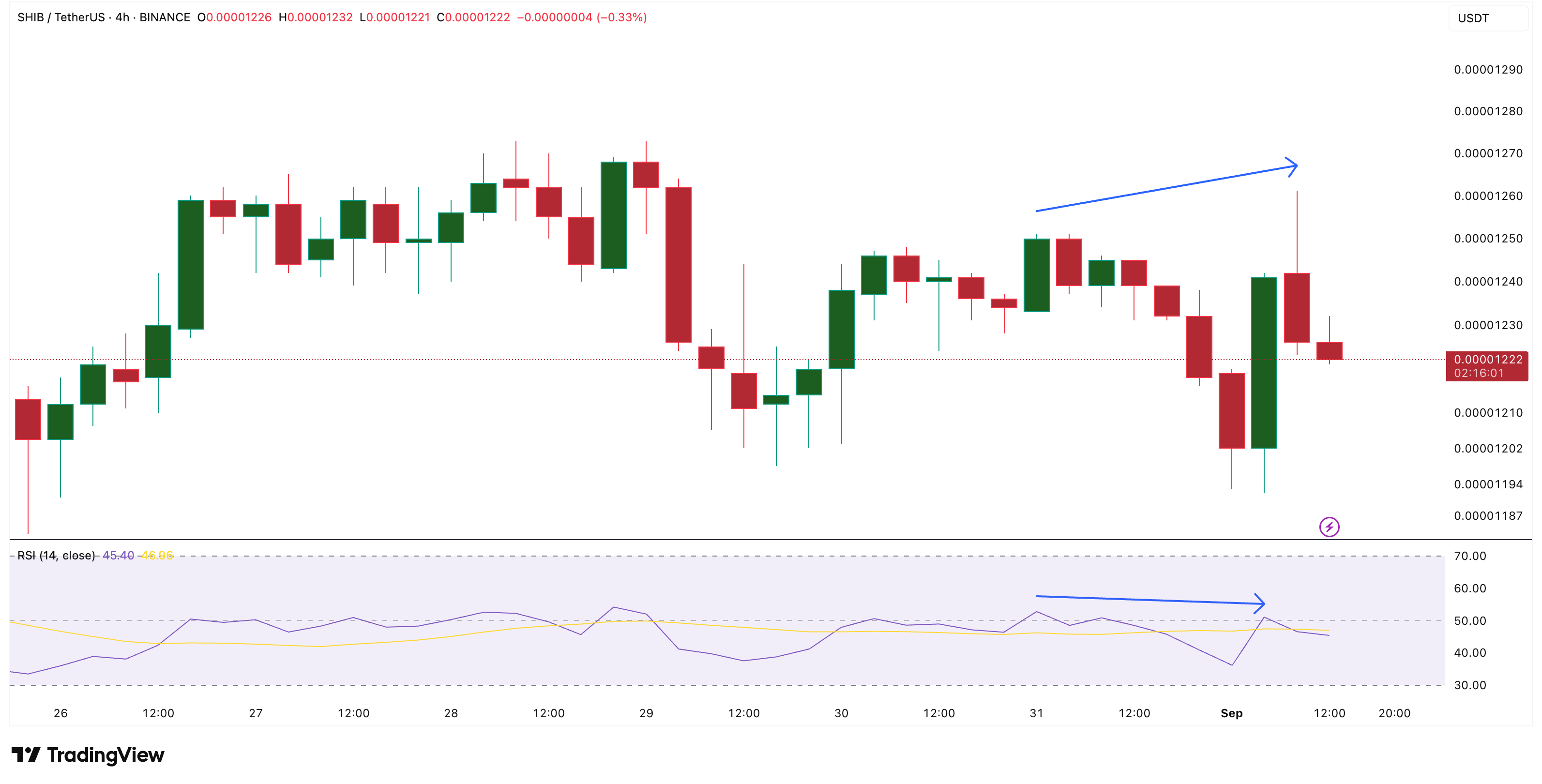 SHIB koers en bearish divergentie: TradingView