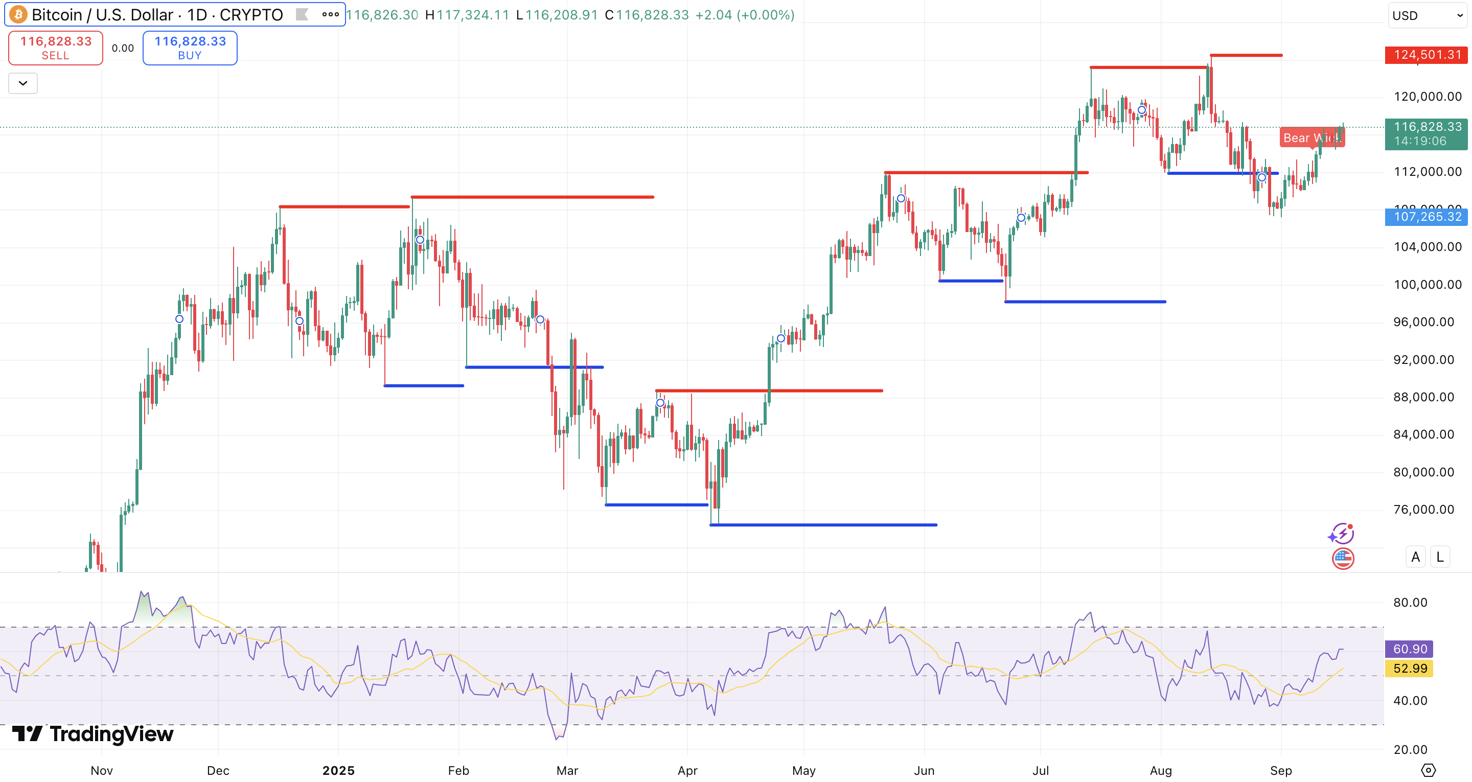 Steun en Weerstand + RSI Bitcoin koers - bron: TradingView