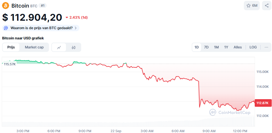 De Bitcoin koers van de afgelopen 24 uur. Bron: CoinMarketCap