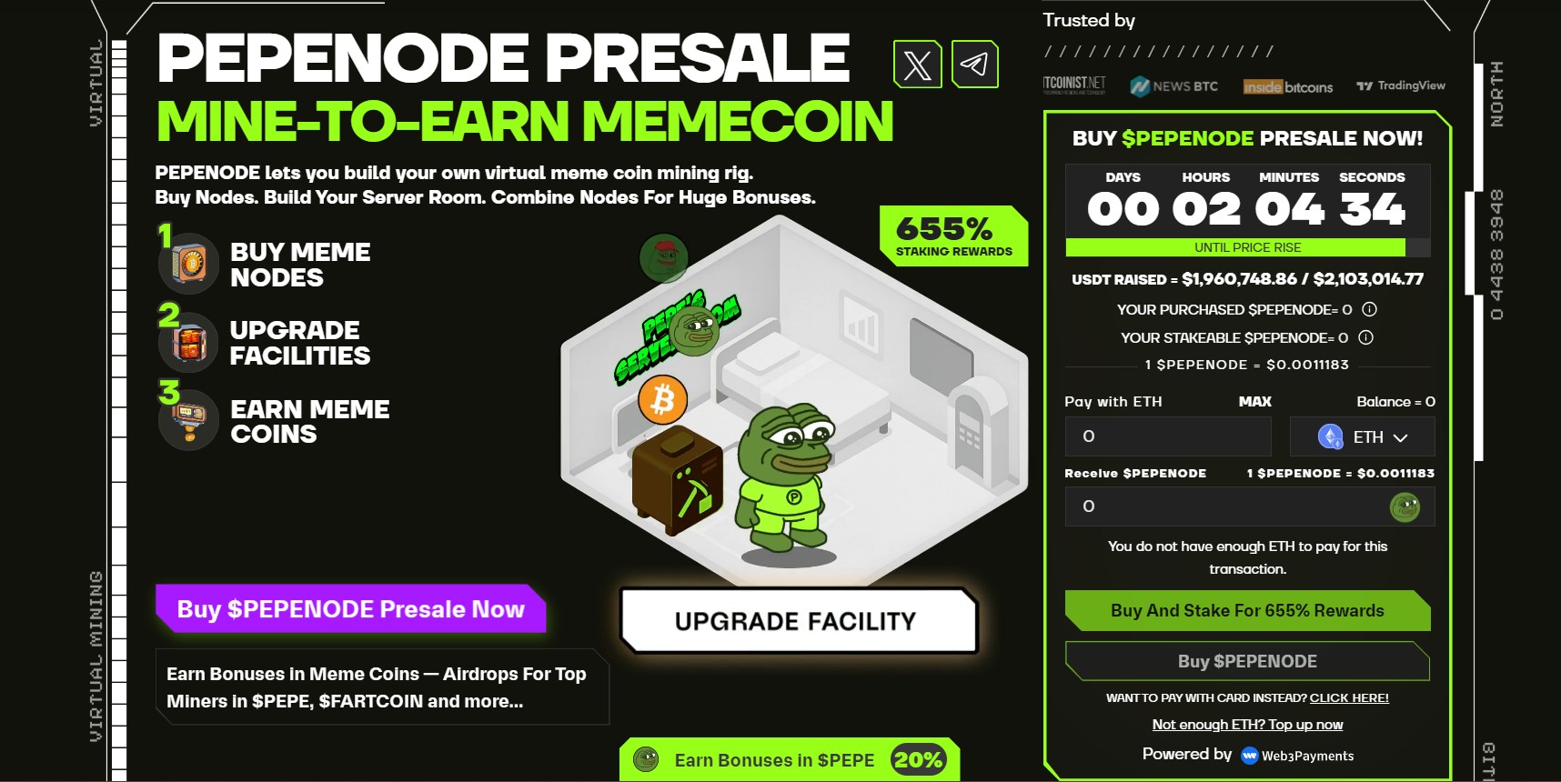 Pepenode is een mine-to-earn meme coin