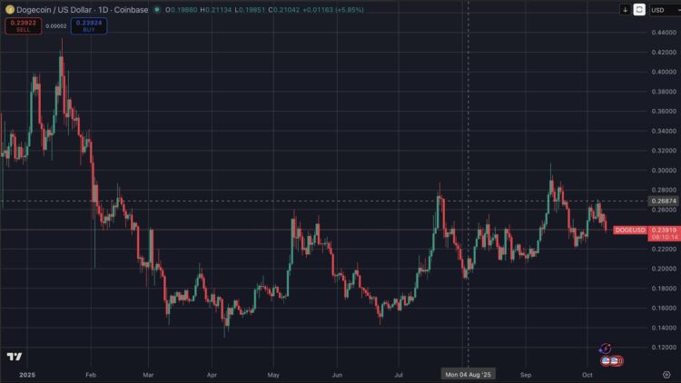 Dogecoin koers rond $0,25 terwijl whales investeren in TRON en Cardano.