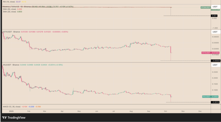 Altcoins leken tijdens de beurscrash van vrijdag op Binance naar $0 te dalen. Bron: Cointelegraph