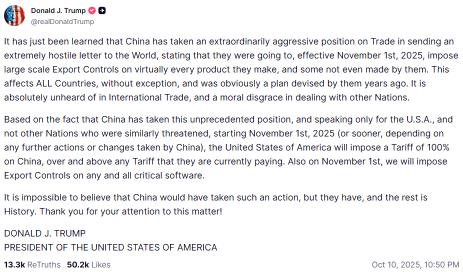 Donald Trump op Truth Social praat over de tarieven tegen China.