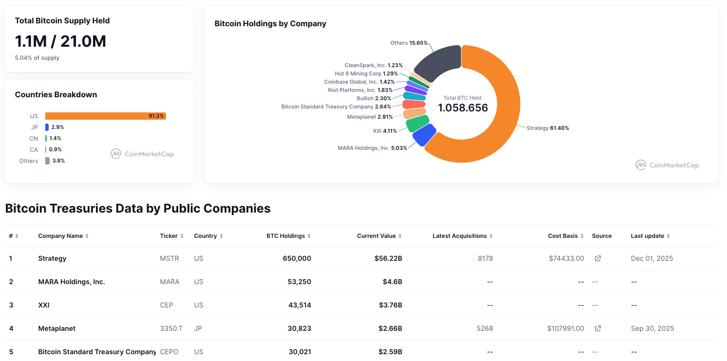 Bitcoin treasury bedrijven - bron: CoinMarketCap