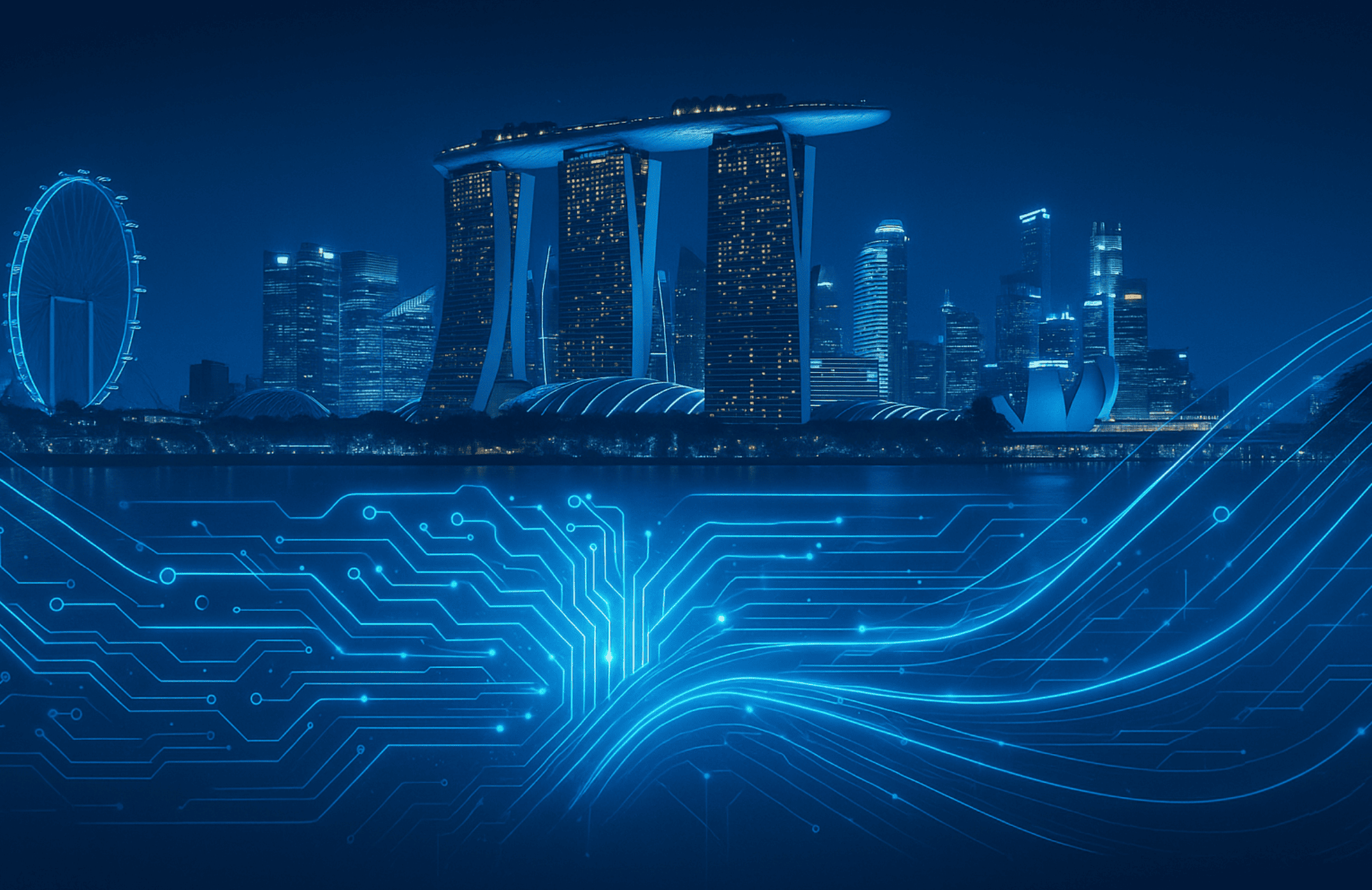 De skyline van Singapore met lichtlijntjes die laten zien hoe Ripple daar groter wordt door een nieuwe vergunning.
