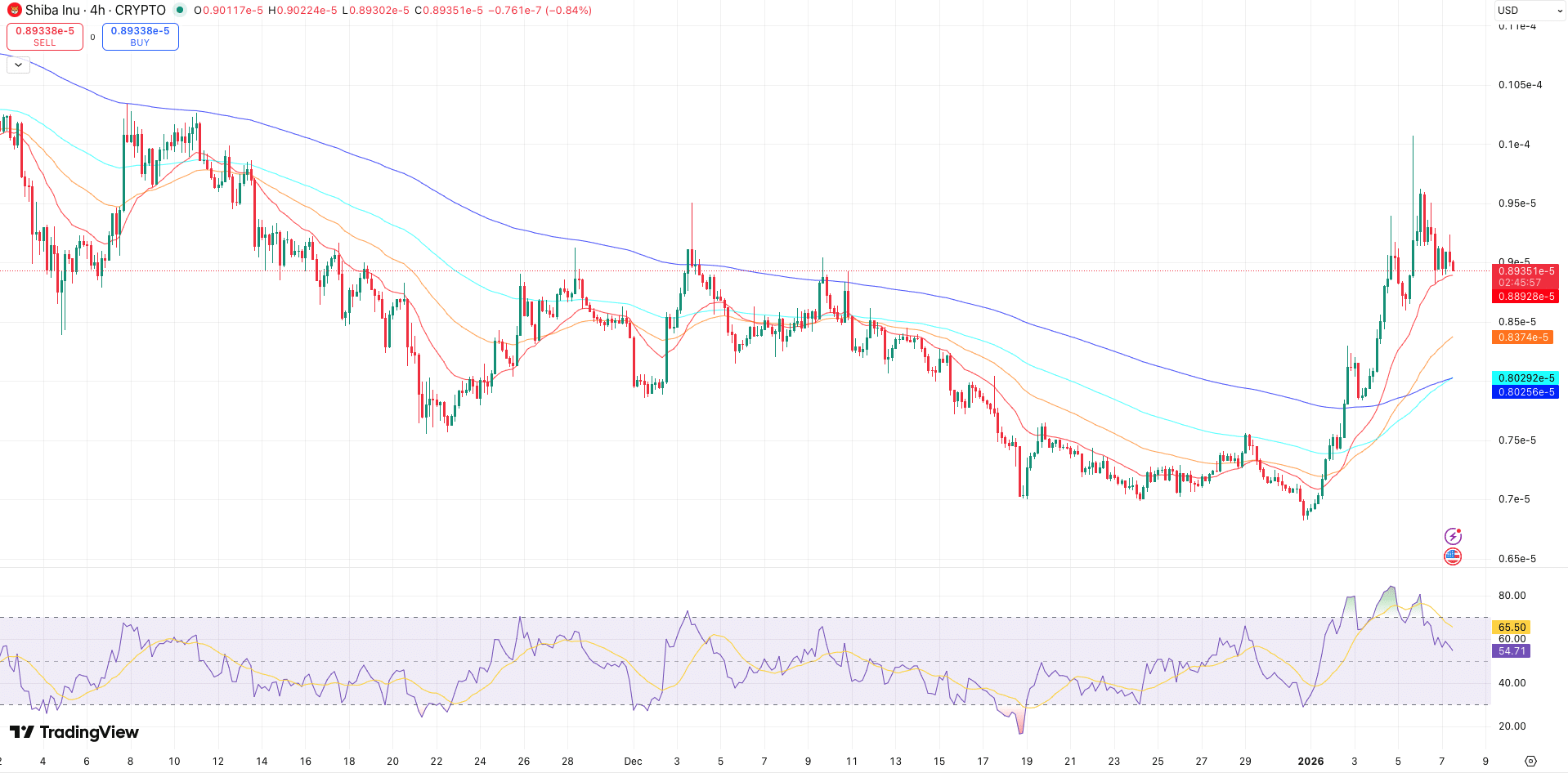 EMA’s + RSI Shiba Inu koers - bron: TradingView