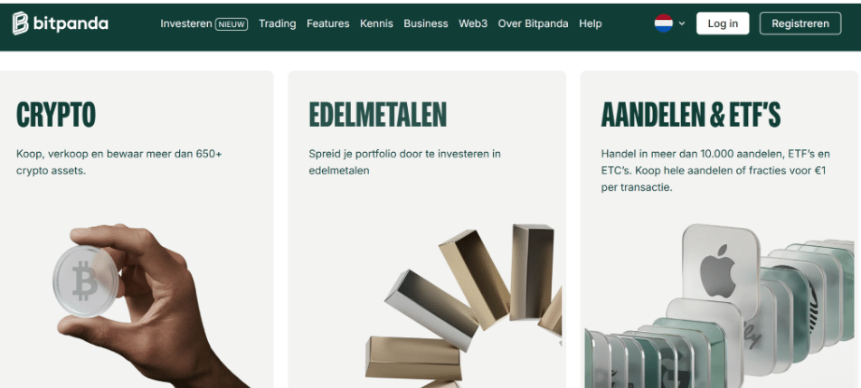 Bitpanda-website met crypto, edelmetalen, aandelen en ETF's.