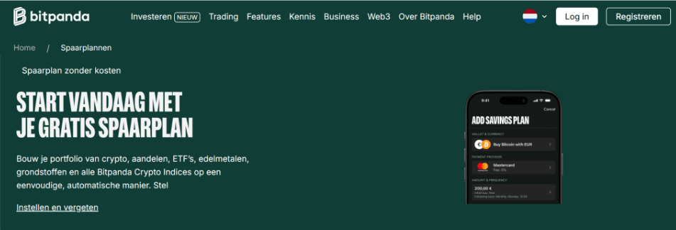 Bitpanda-website met informatie over het gratis spaarplan.
