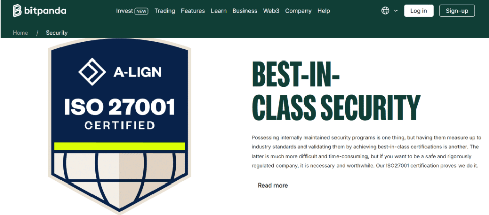 Bitpanda-website met A-LIGN ISO 27001 veiligheidscertificaat.