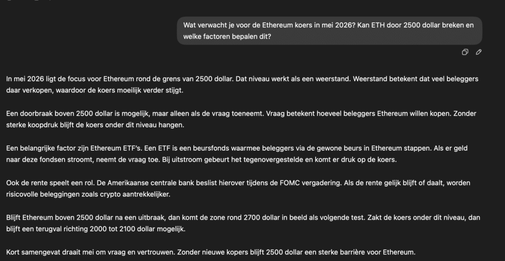 ChatGPT ziet 2500 dollar als belangrijkste grens voor Ethereum in mei. 