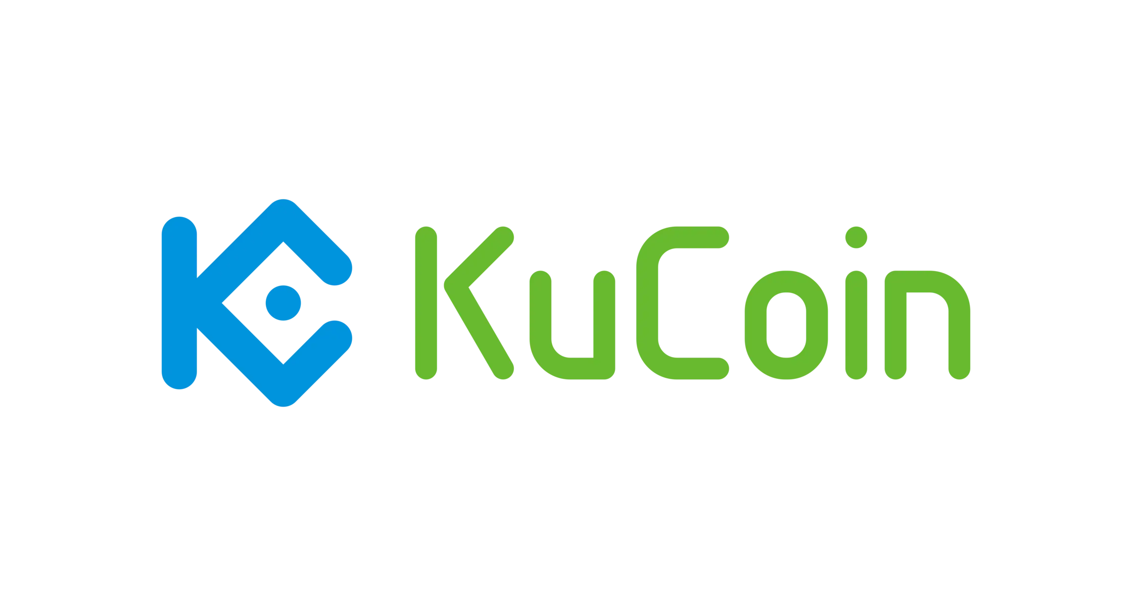 Het logo van KuCoin, bestaande uit een blauw icoon en de naam KuCoin in groene letters op een witte achtergrond.
