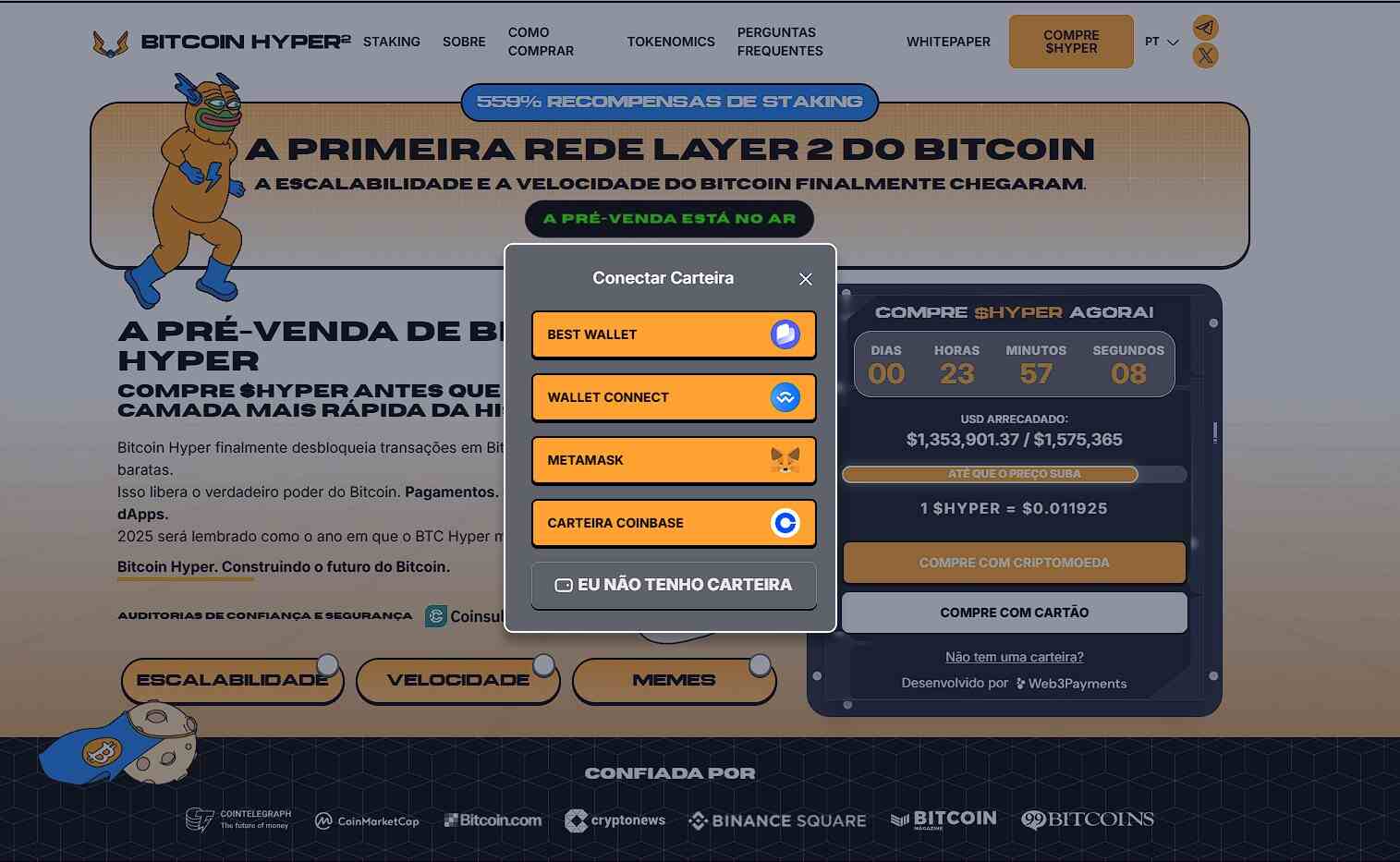 Imagem com opções para conectar a carteira na página da pré-venda e comprar Bitcoin Hyper