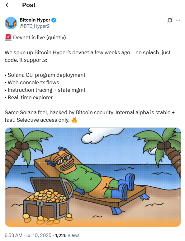 anúncio Devnet no X do HYPER
