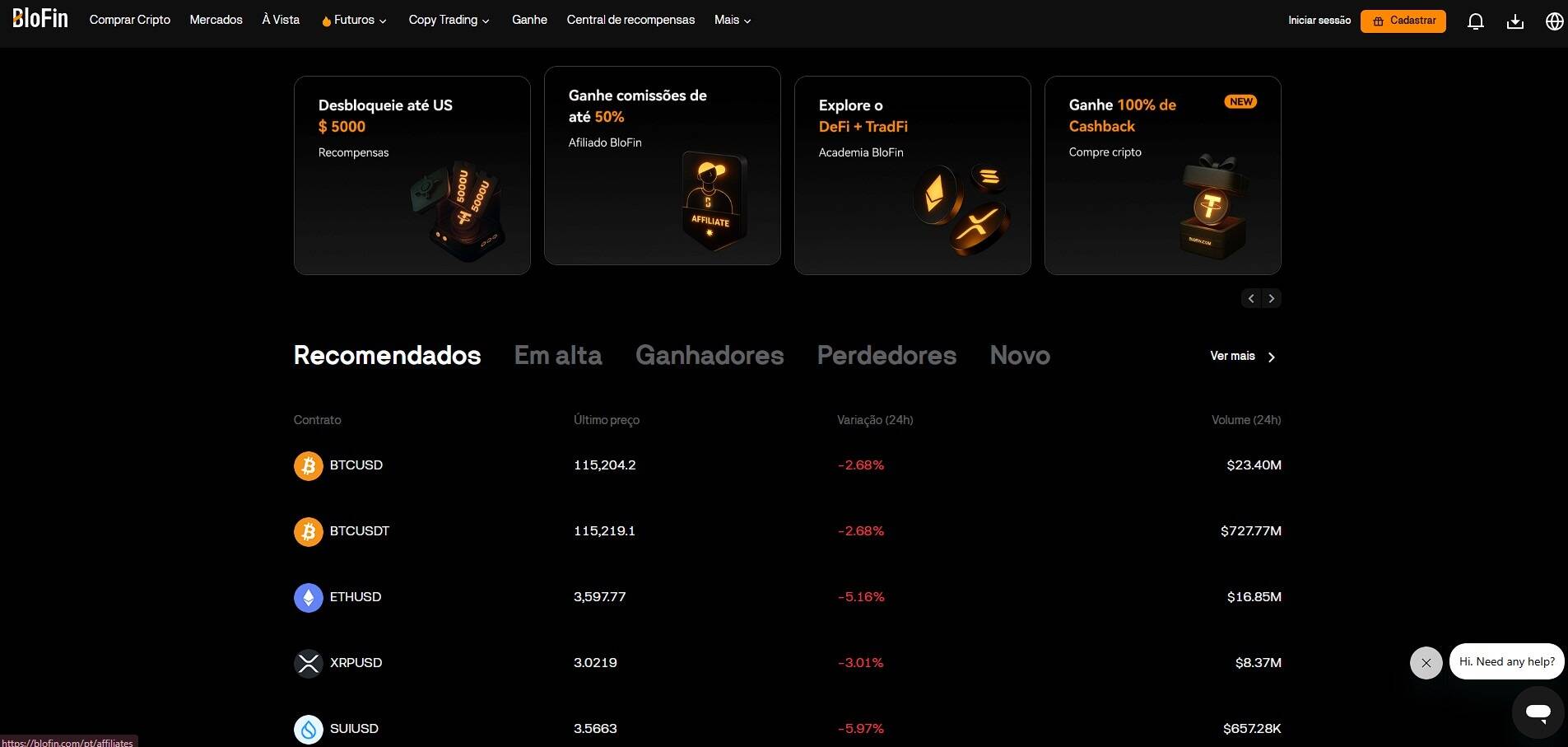 Página de contratos futuros de Bitcoin da BloFin