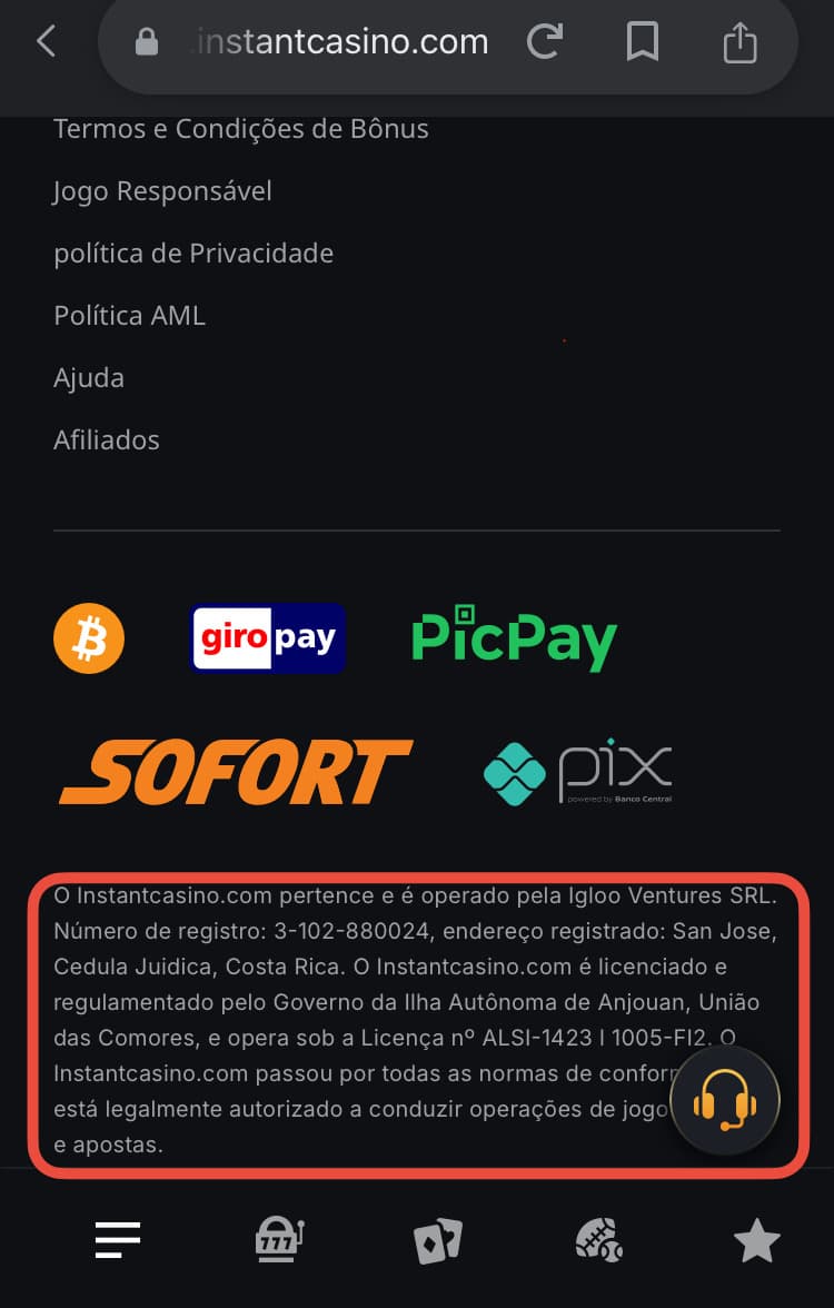 Licença para jogos em casinos de criptomoedas do Instant Casino