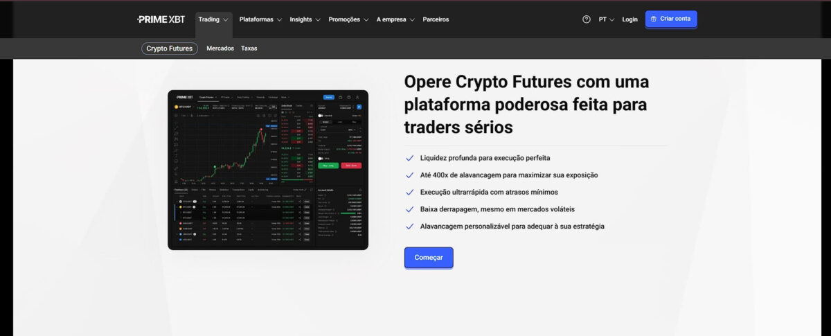 Página inicial da PrimeXBT, exchange de criptomoedas