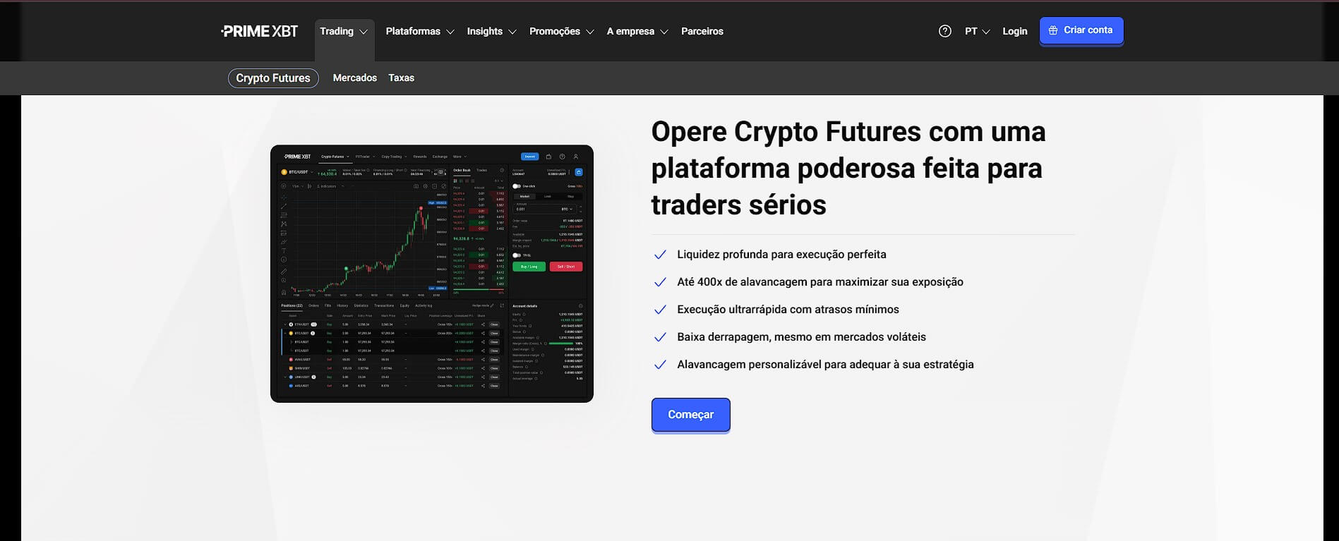 Página inicial da PrimeXBT, exchange de criptomoedas