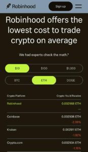 baixo custo de trade cripto Robinhood