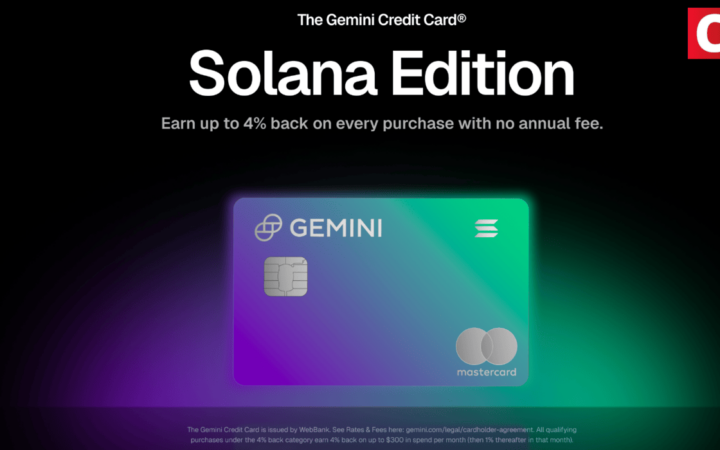 Gemini lança cartão de crédito Solana com recompensas em staking