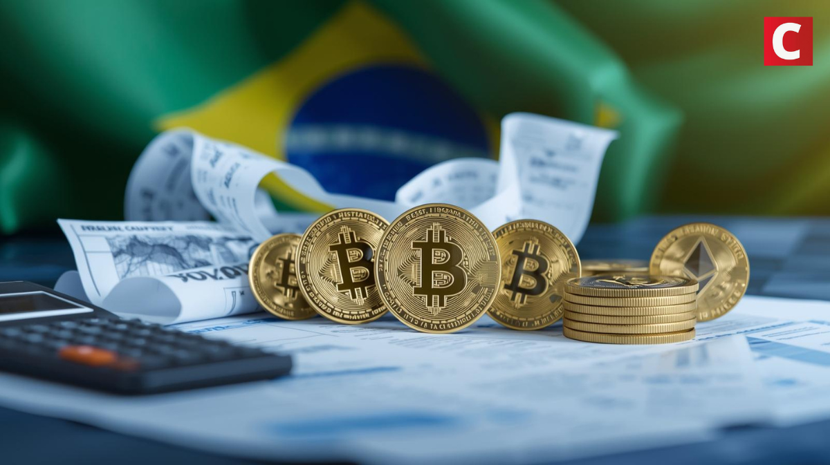 Moedas de Bitcoin com documentos fiscais e bandeira do Brasil ao fundo representando declaração de imposto de renda de criptomoedas