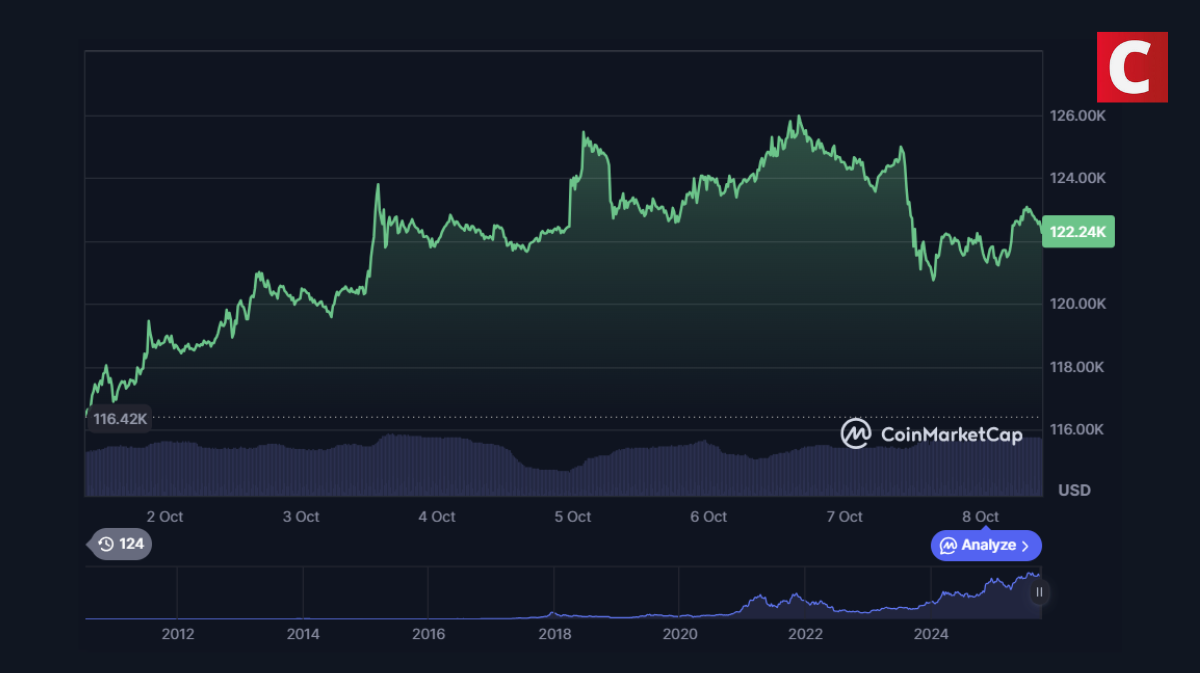 Gráfico do preço do bitcoin entre os dias 3 e 8 de outubro