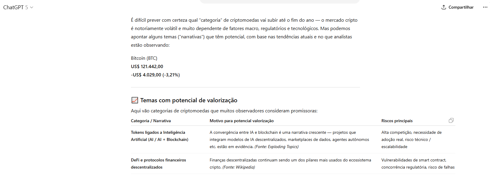 resposta do chatgpt-5 sobre categorias de criptomoedas