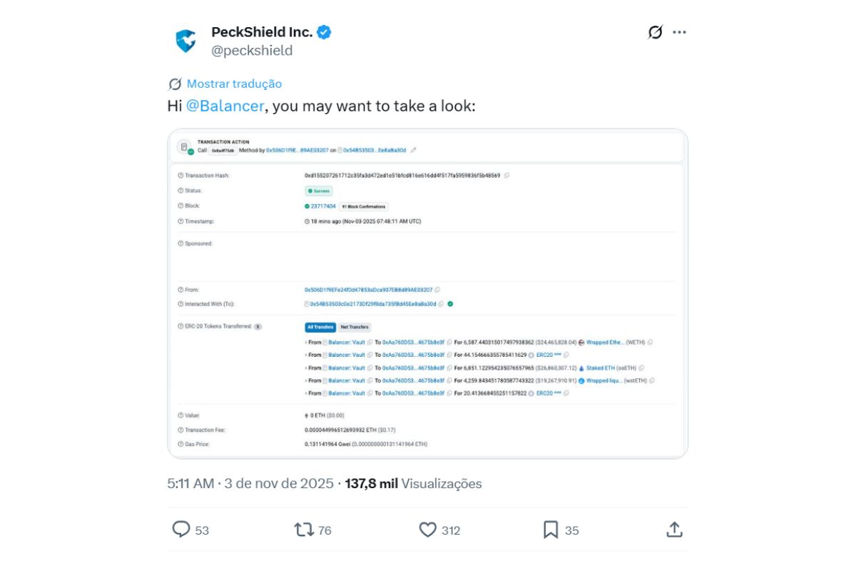 Balancer sofre ataque hacker e perde mais de US$ 70 milhões em criptoativos