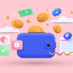 Изображен кошелек и монеты Биткоина