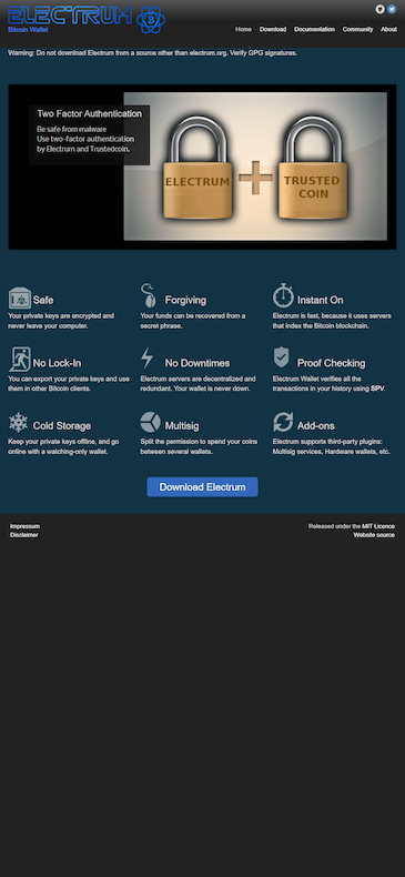 Скриншот сайта Electrum, который входит в список лучшие Биткоин кошельки