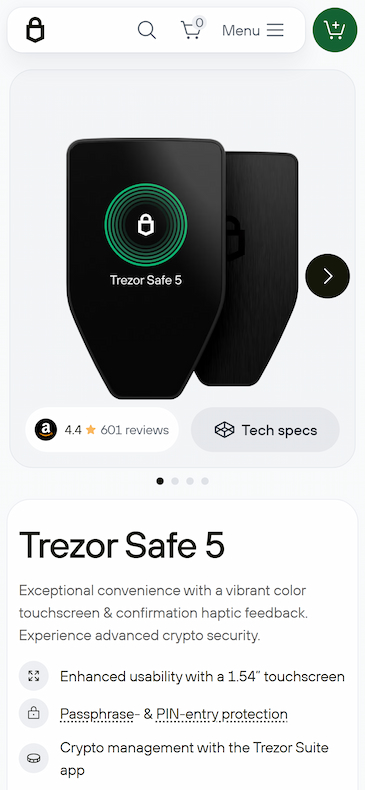 Скриншот сайта Trezor Safe 5, который входит в список лучшие Биткоин кошельки