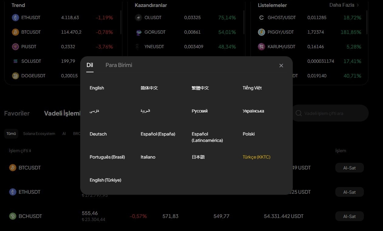 WEEX desteklenen diller