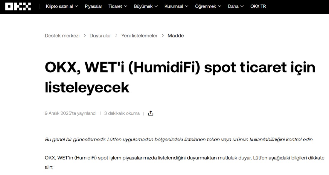 OKX WET Listelemesi