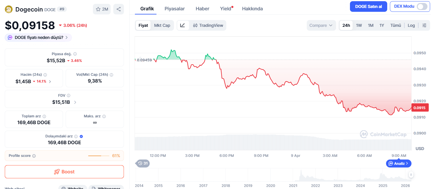 Dogecoin Fiyatı Son 24 Saatte Yüzde 2,80 Geriledi