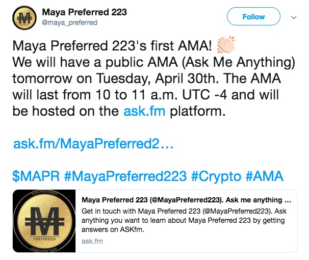 Ask Me Anything. Maya Preferred 223 Is Conducting An AMA This Tuesday